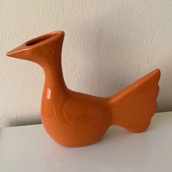 Set Of 2 Global Views Orange Mod Art Deco Bird Vases - Picture 3 of 11